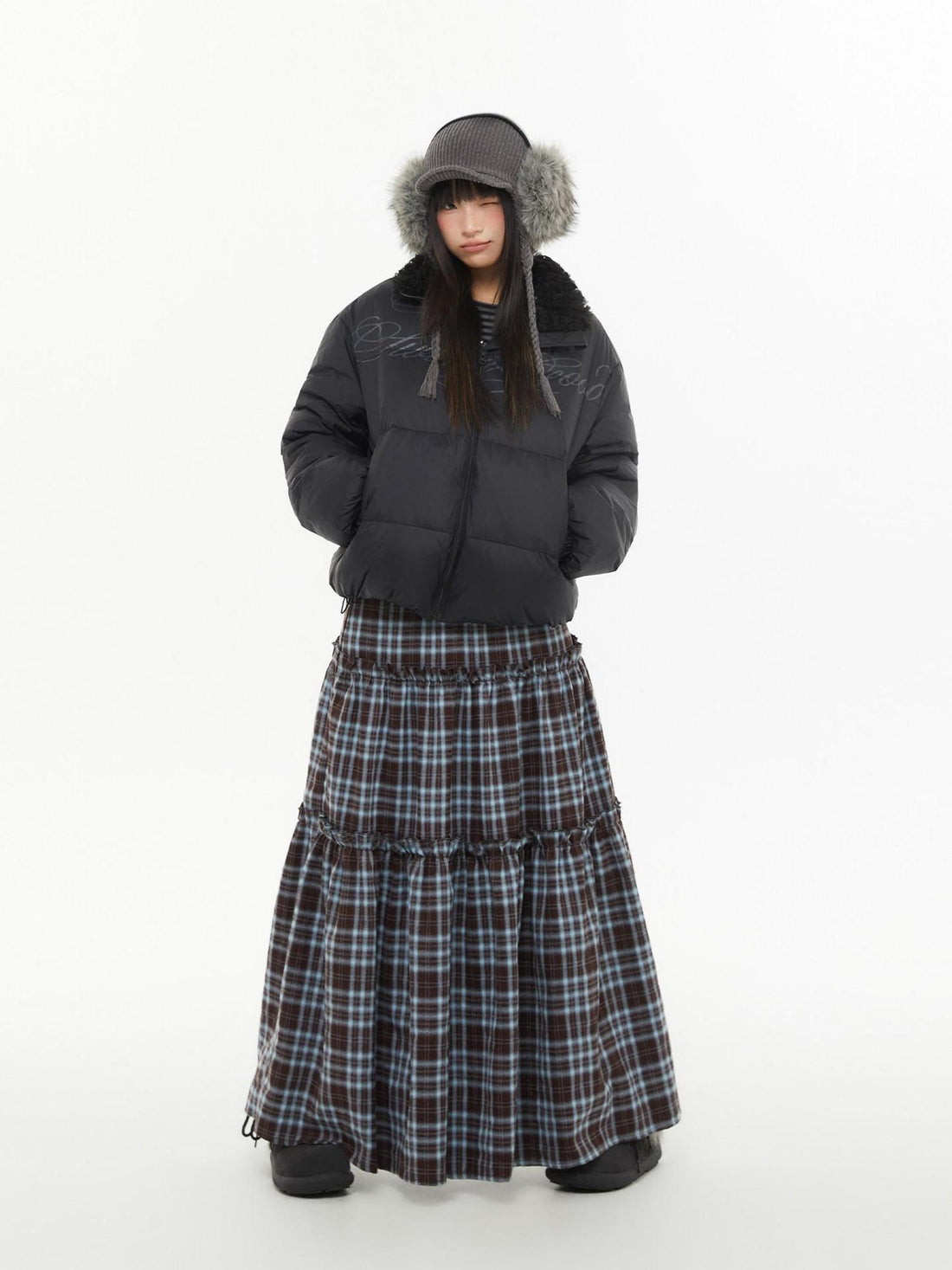 atrandom Brown Blue Plaid Lace Trim Layered Women&