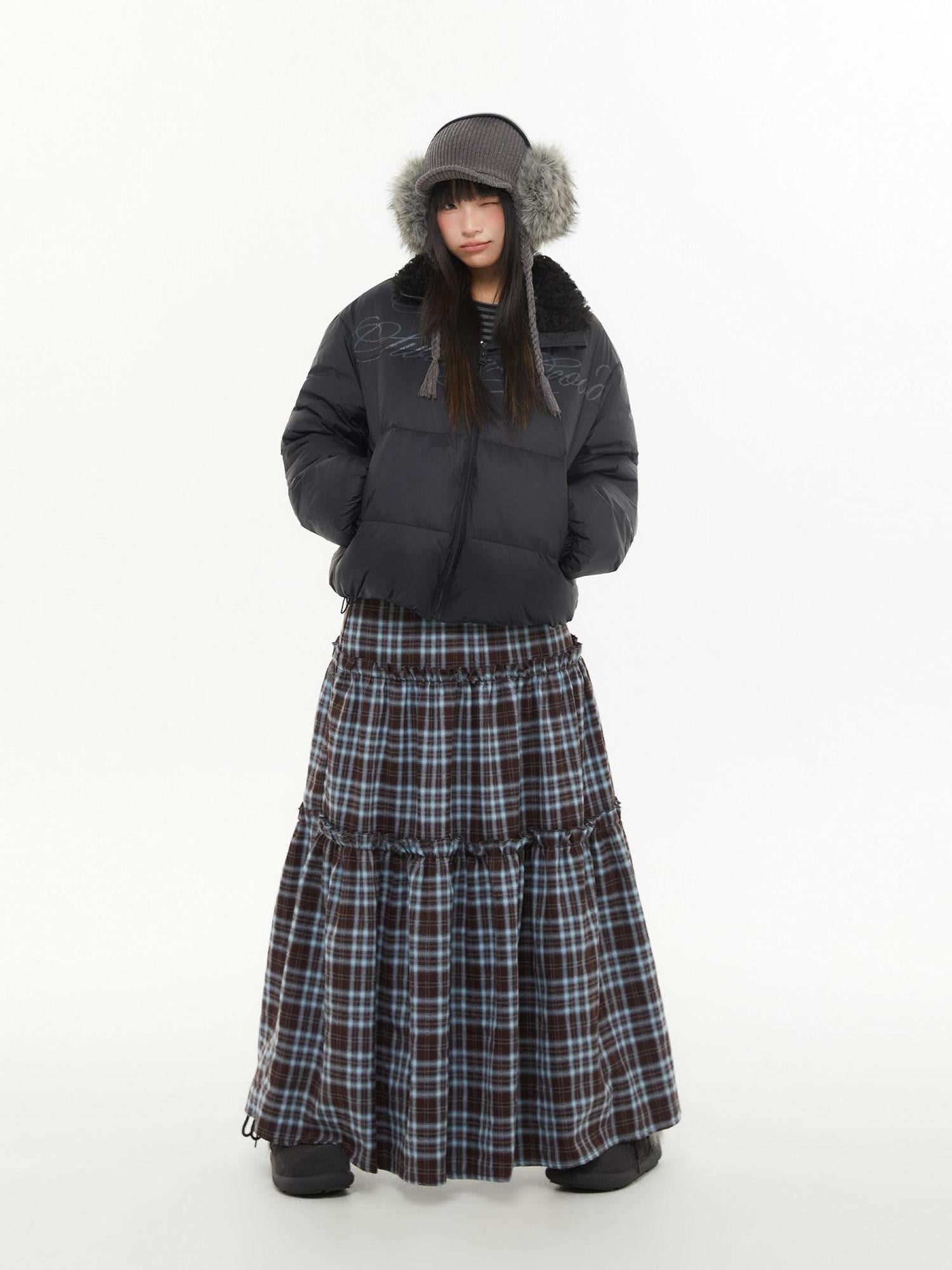atrandom Brown Blue Plaid Lace Trim Layered Women&