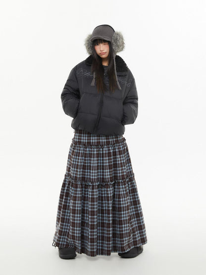 atrandom Brown Blue Plaid Lace Trim Layered Women&
