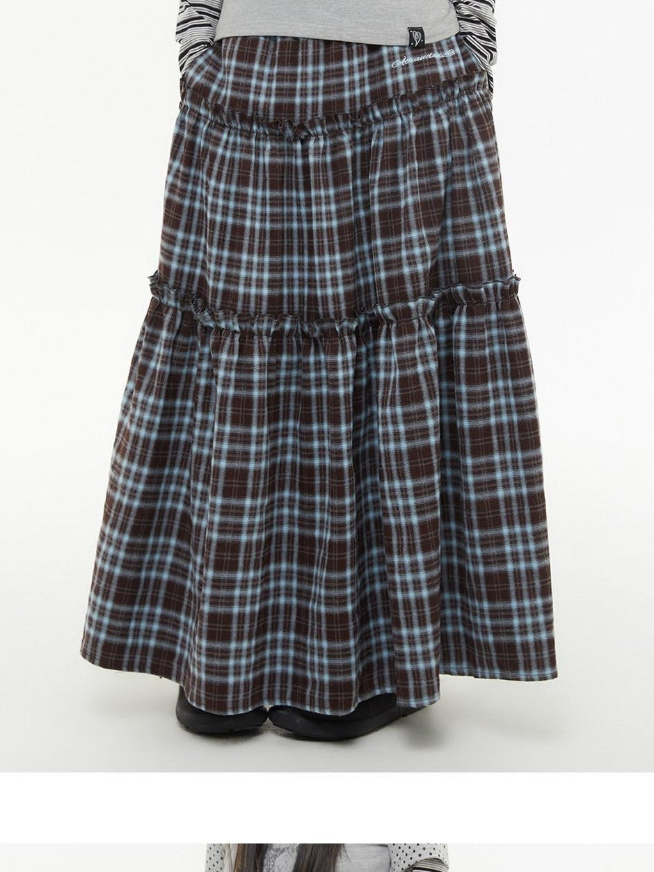 atrandom Brown Blue Plaid Lace Trim Layered Women&