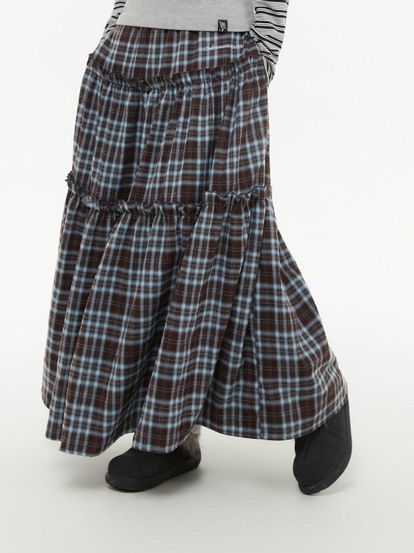 atrandom Brown Blue Plaid Lace Trim Layered Women&