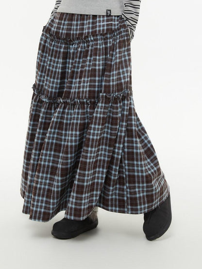 atrandom Brown Blue Plaid Lace Trim Layered Women&