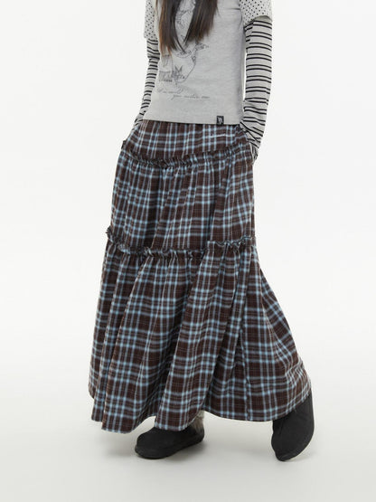 atrandom Brown Blue Plaid Lace Trim Layered Women&
