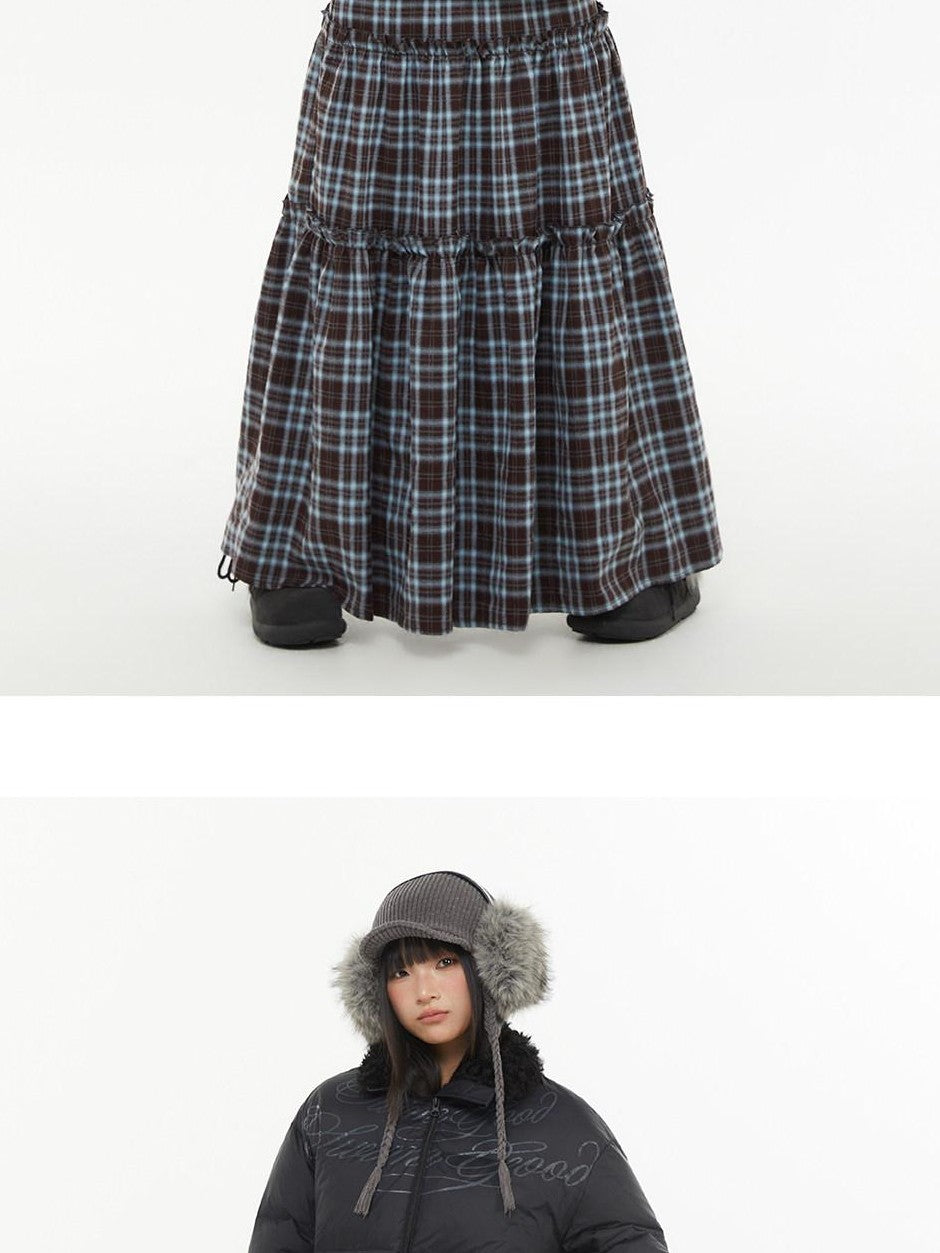 atrandom Brown Blue Plaid Lace Trim Layered Women&
