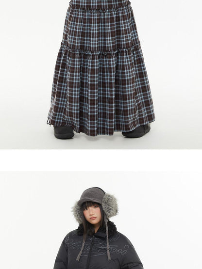 atrandom Brown Blue Plaid Lace Trim Layered Women&