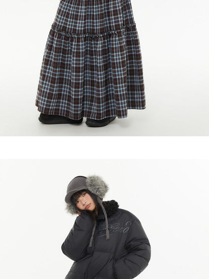 atrandom Brown Blue Plaid Lace Trim Layered Women&