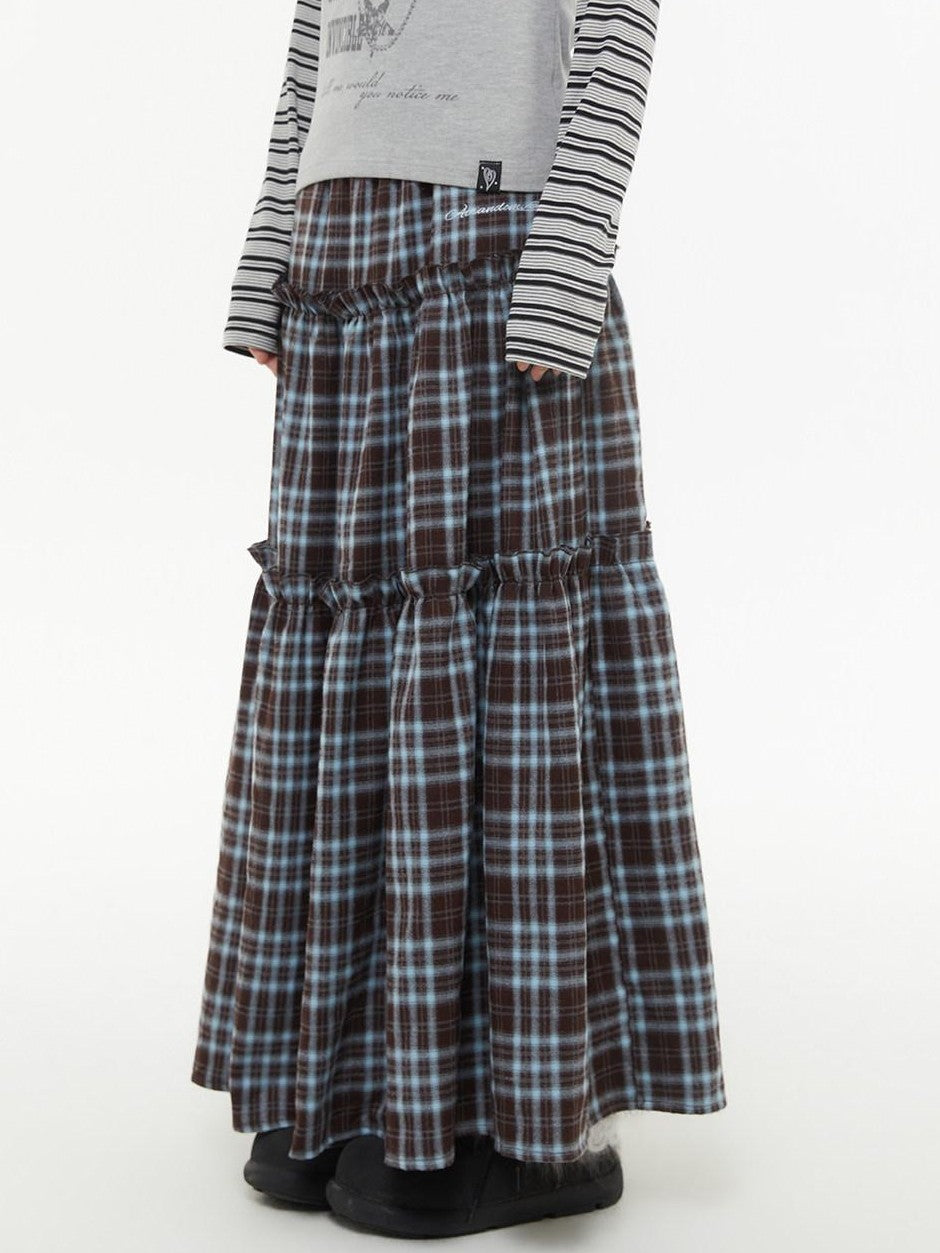 atrandom Brown Blue Plaid Lace Trim Layered Women&