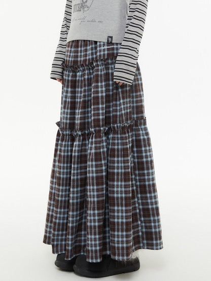 atrandom Brown Blue Plaid Lace Trim Layered Women&