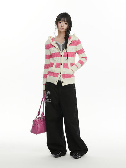 atrandom Cable Knit Striped Color Block Embroidered Hooded Women&