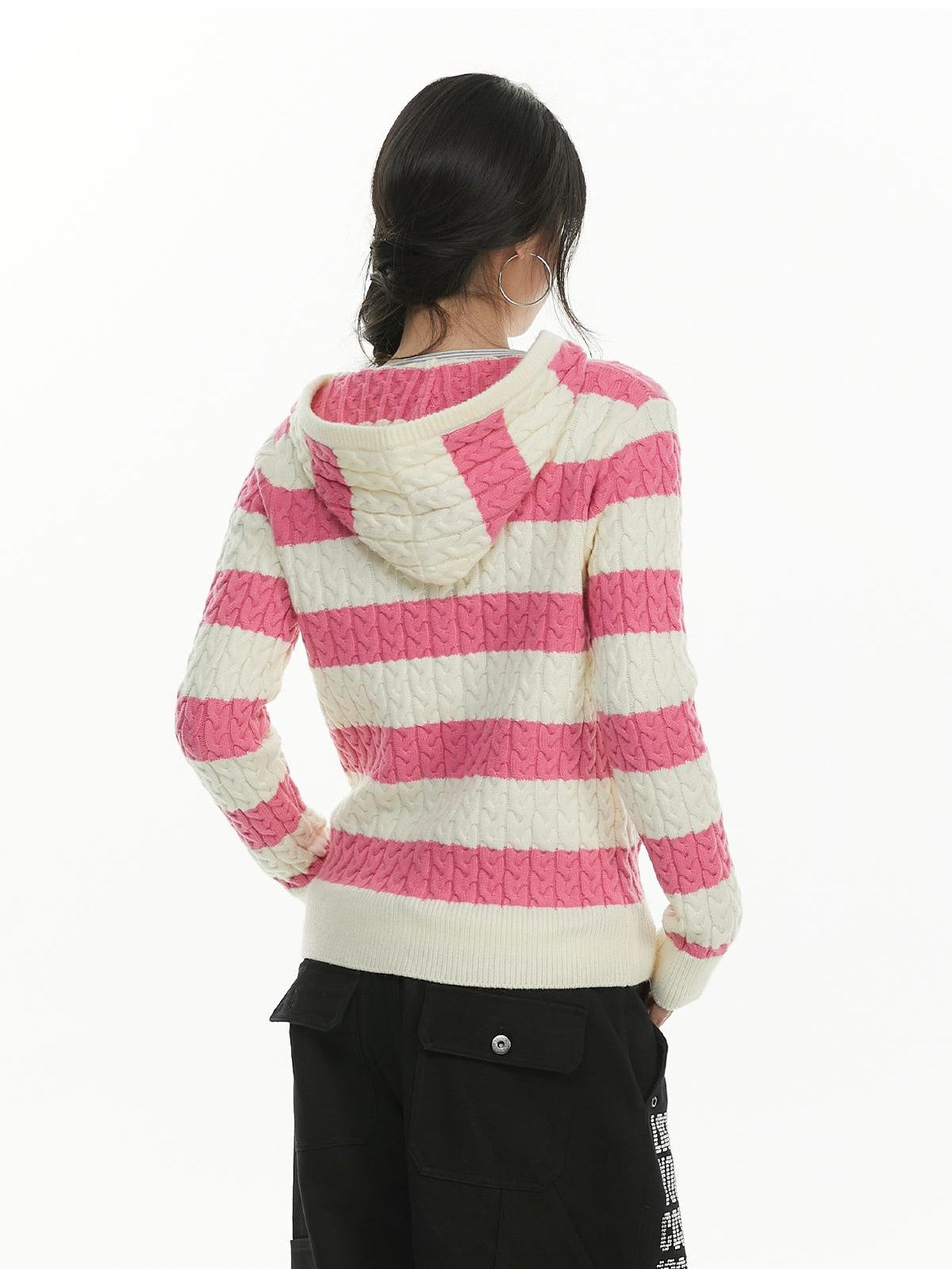 atrandom Cable Knit Striped Color Block Embroidered Hooded Women&