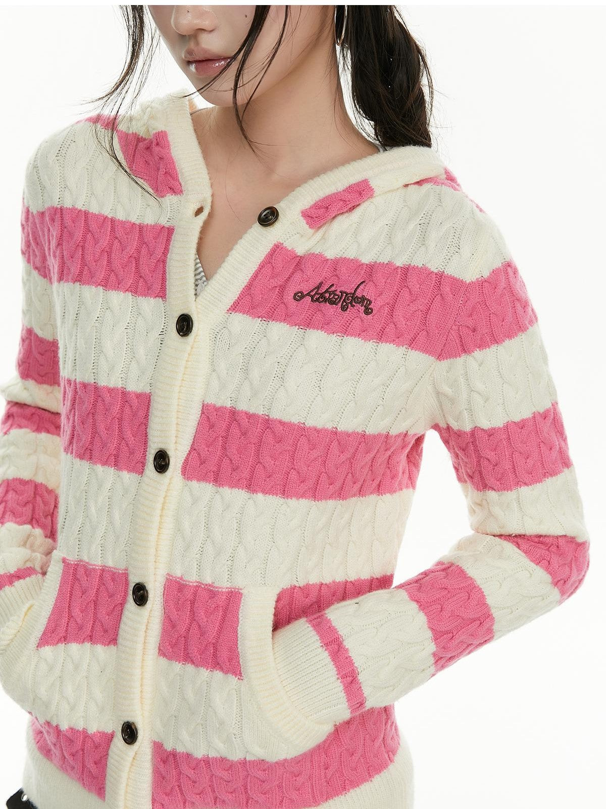atrandom Cable Knit Striped Color Block Embroidered Hooded Women&