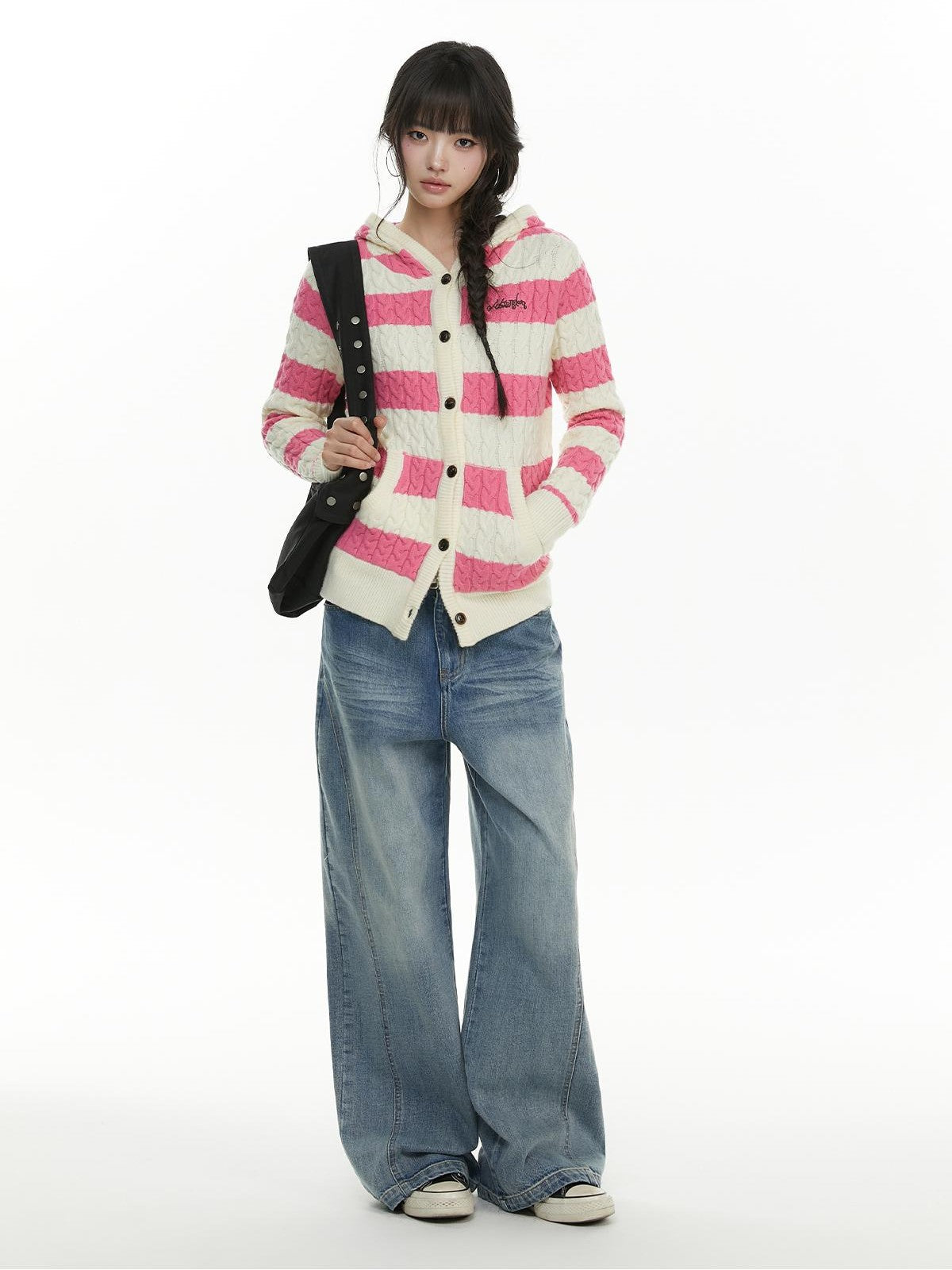 atrandom Cable Knit Striped Color Block Embroidered Hooded Women&