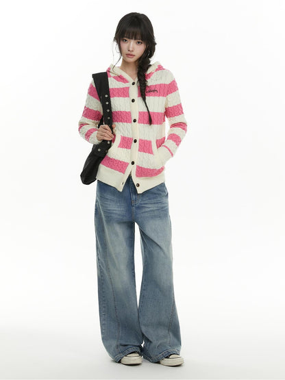 atrandom Cable Knit Striped Color Block Embroidered Hooded Women&