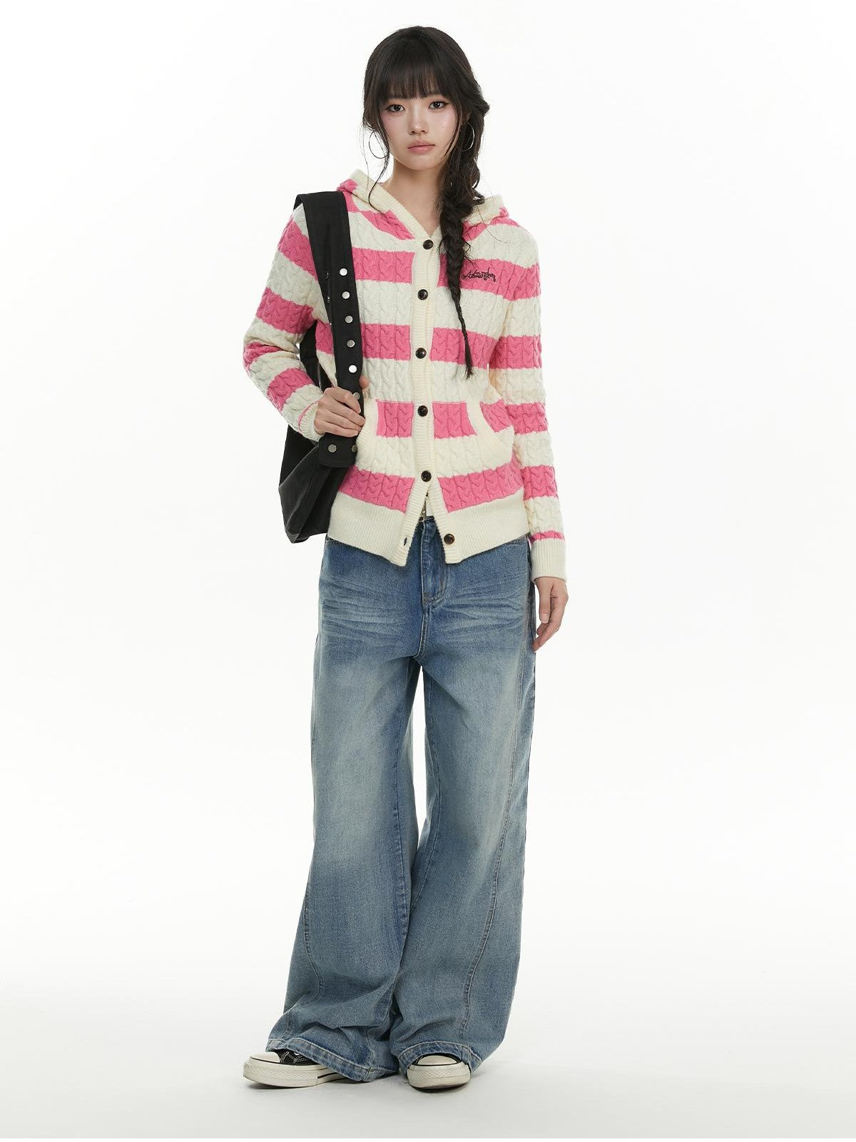 atrandom Cable Knit Striped Color Block Embroidered Hooded Women&