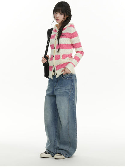 atrandom Cable Knit Striped Color Block Embroidered Hooded Women&