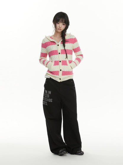 atrandom Cable Knit Striped Color Block Embroidered Hooded Women&