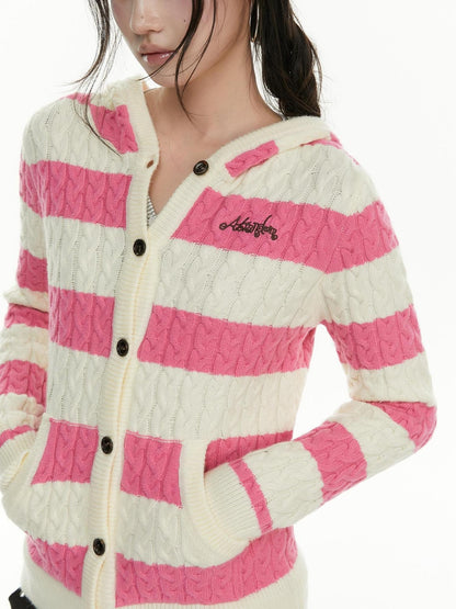 atrandom Cable Knit Striped Color Block Embroidered Hooded Women&