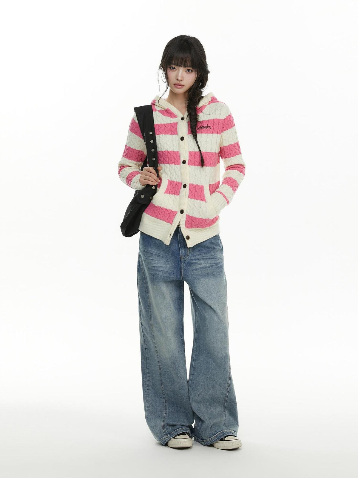 atrandom Cable Knit Striped Color Block Embroidered Hooded Women&