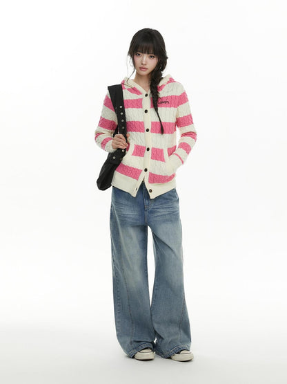 atrandom Cable Knit Striped Color Block Embroidered Hooded Women&