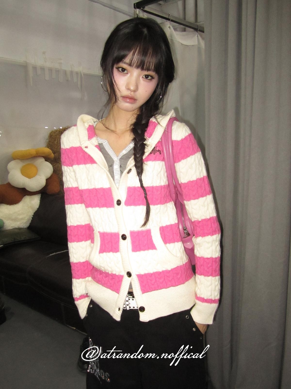 atrandom Cable Knit Striped Color Block Embroidered Hooded Women&