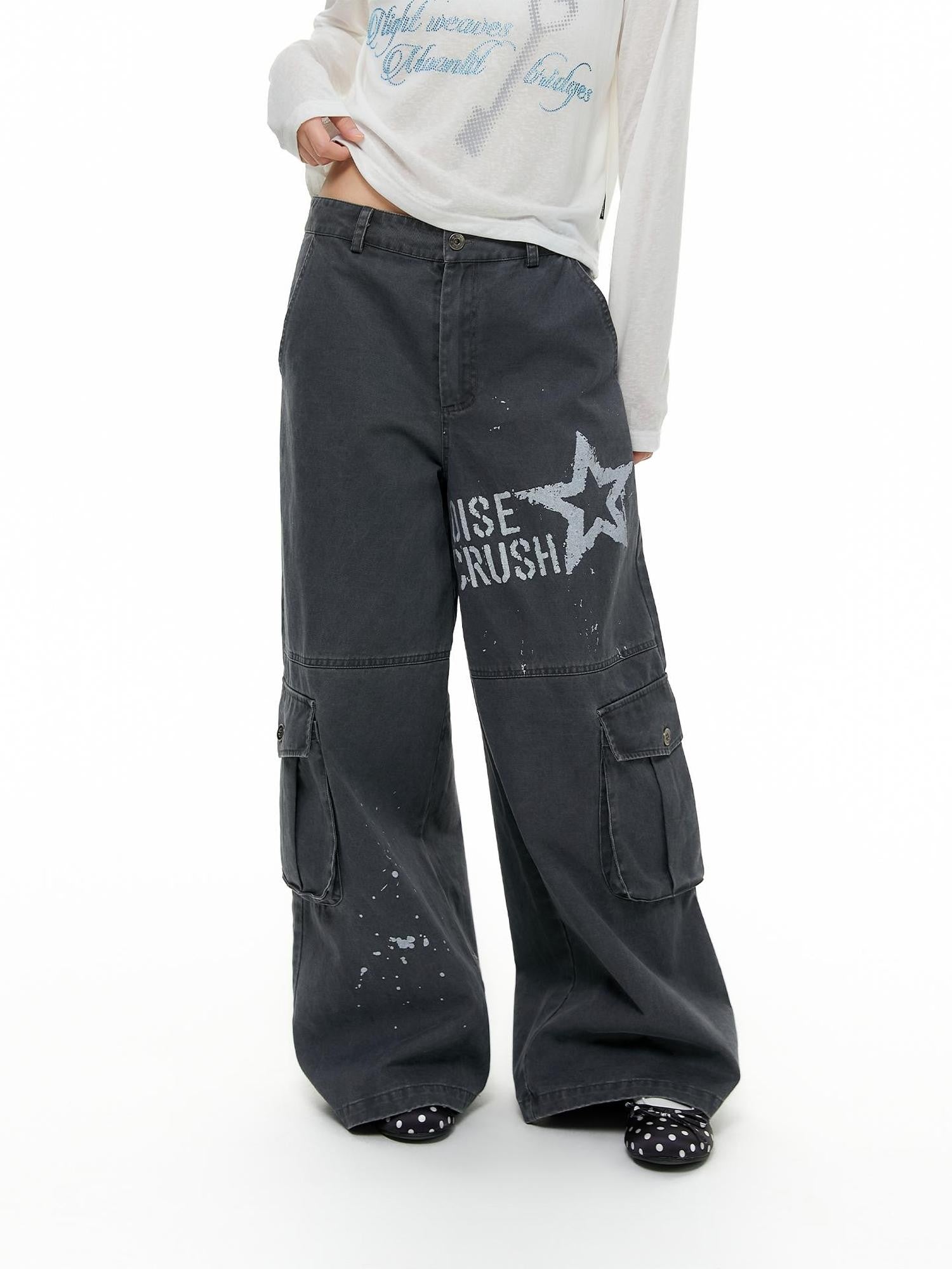 atrandom Chalk Gray Washed Distressed Printed Wide Leg Women&
