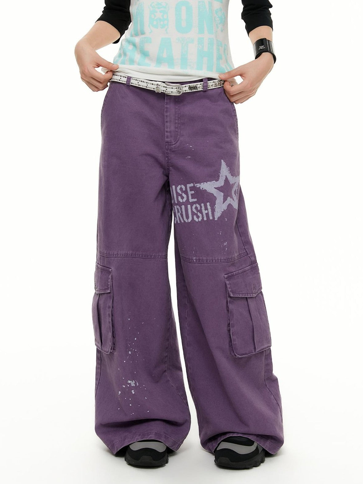 atrandom Chalk Gray Washed Distressed Printed Wide Leg Women&