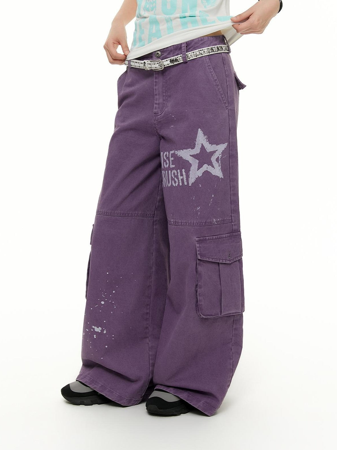 atrandom Chalk Gray Washed Distressed Printed Wide Leg Women&