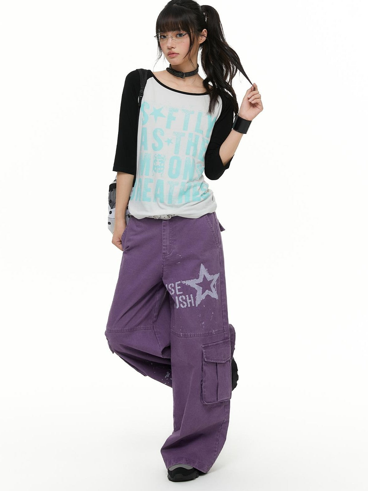 atrandom Chalk Gray Washed Distressed Printed Wide Leg Women&