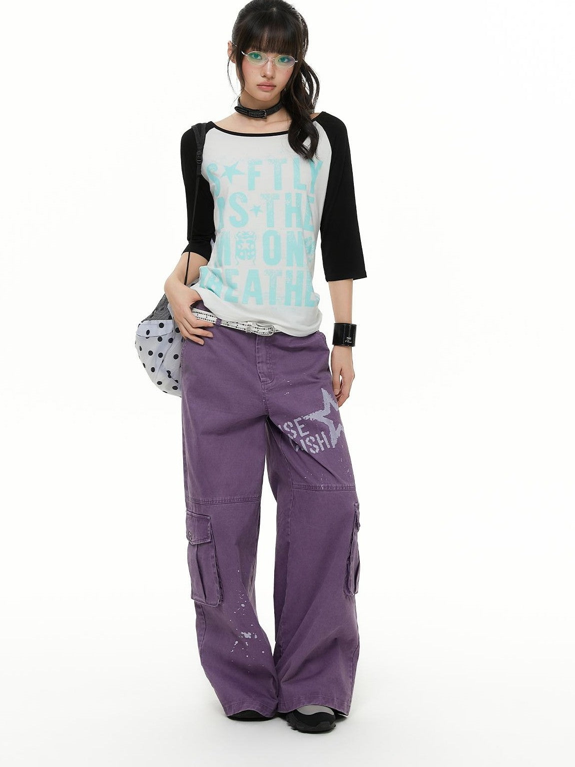 atrandom Chalk Gray Washed Distressed Printed Wide Leg Women&