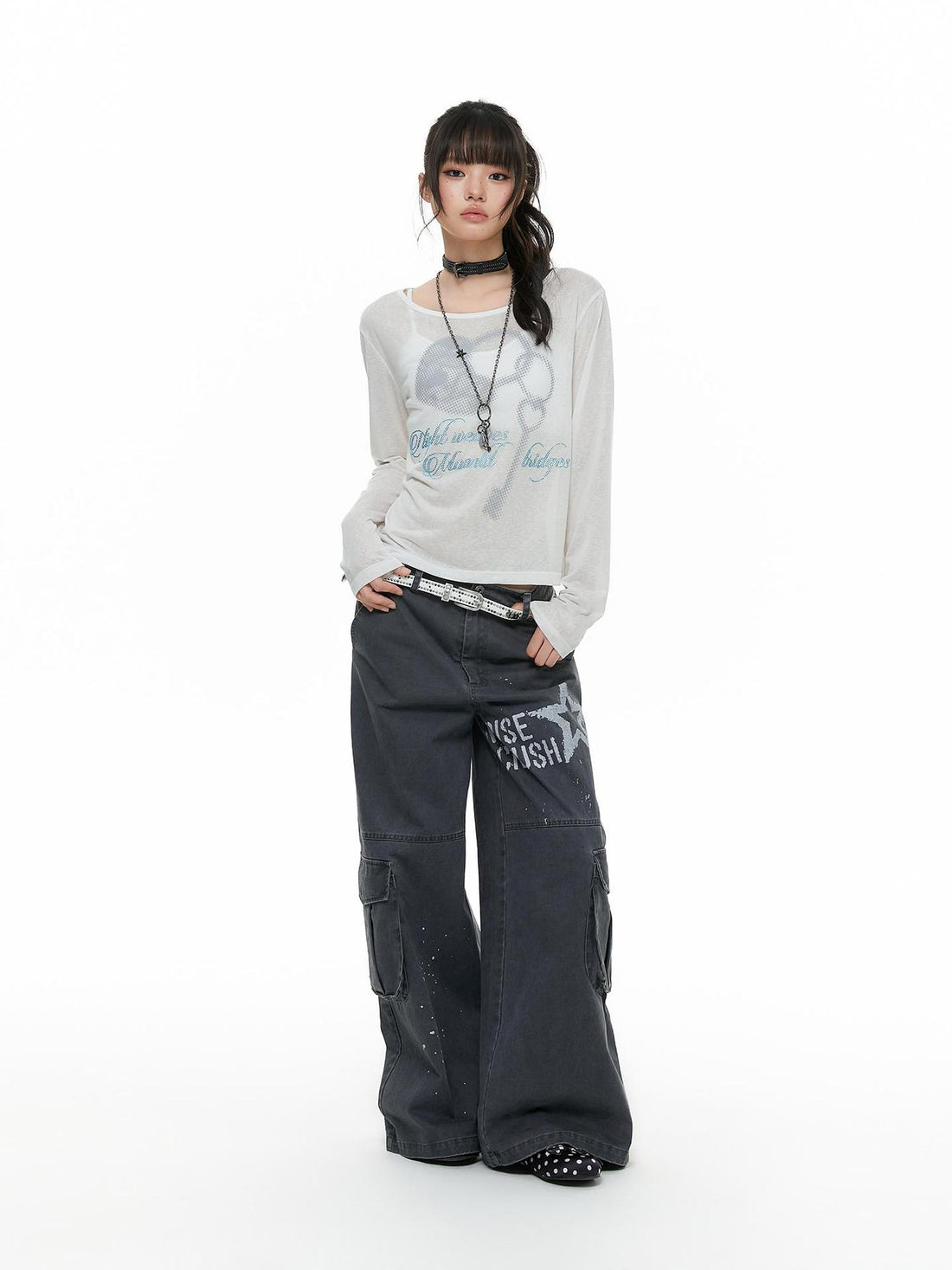 atrandom Chalk Gray Washed Distressed Printed Wide Leg Women&