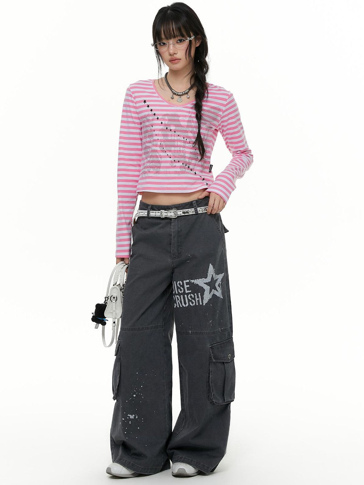 atrandom Chalk Gray Washed Distressed Printed Wide Leg Women&