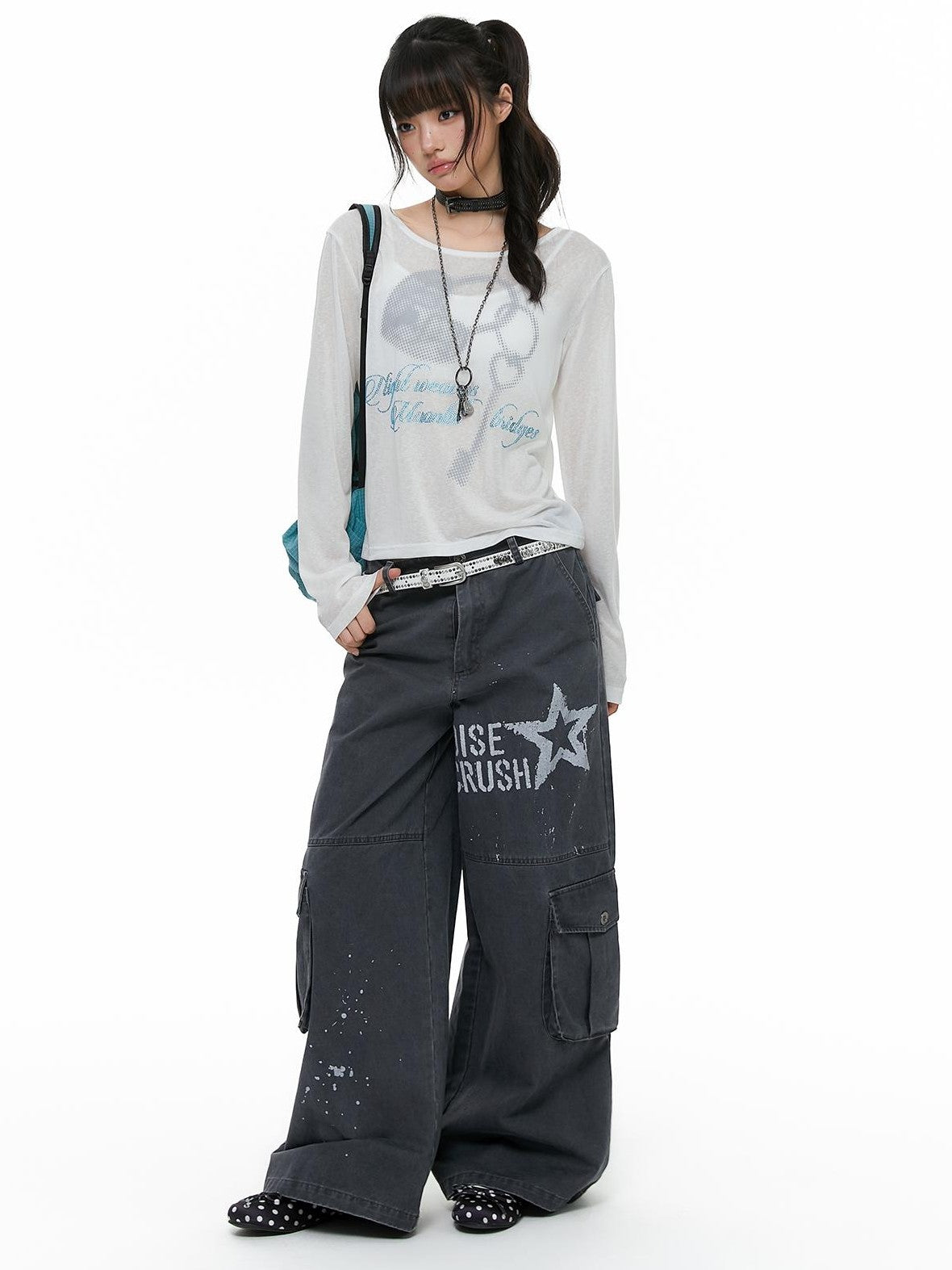 atrandom Chalk Gray Washed Distressed Printed Wide Leg Women&