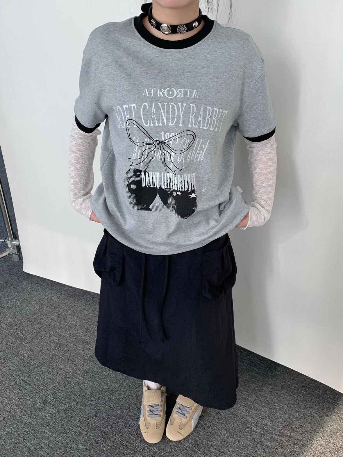 atrandom Cherry Print Contrast Edge Crewneck Bow Women&
