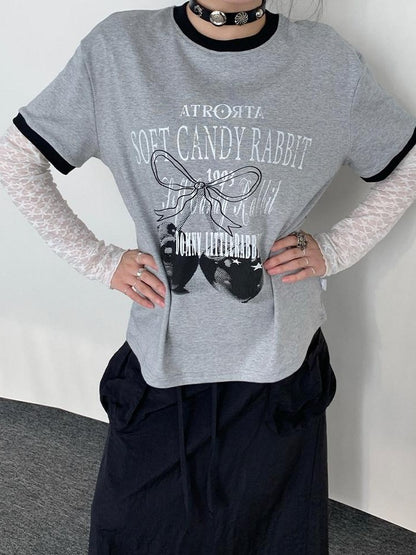 atrandom Cherry Print Contrast Edge Crewneck Bow Women&