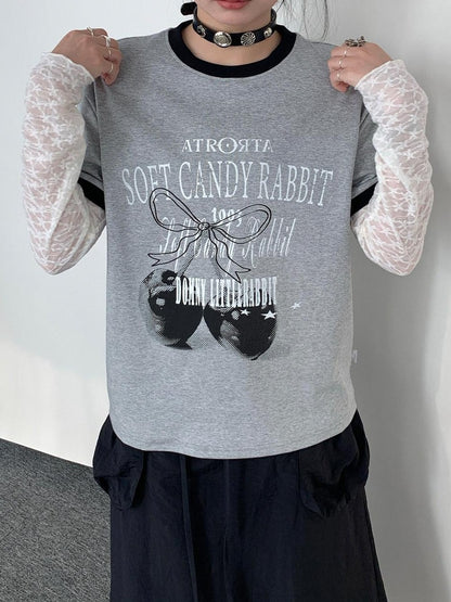 atrandom Cherry Print Contrast Edge Crewneck Bow Women&