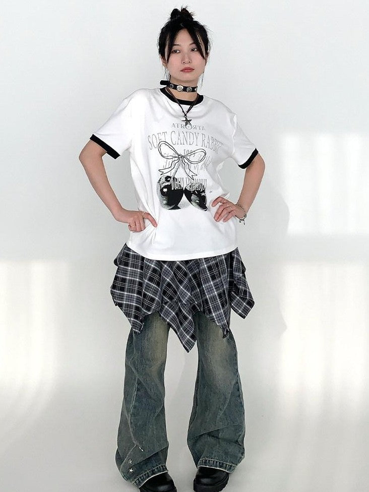 atrandom Cherry Print Contrast Edge Crewneck Bow Women&