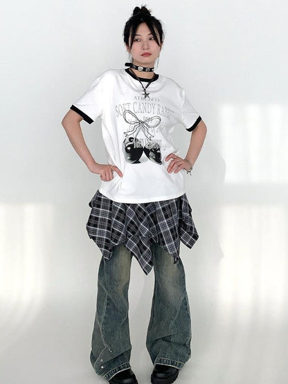 atrandom Cherry Print Contrast Edge Crewneck Bow Women&