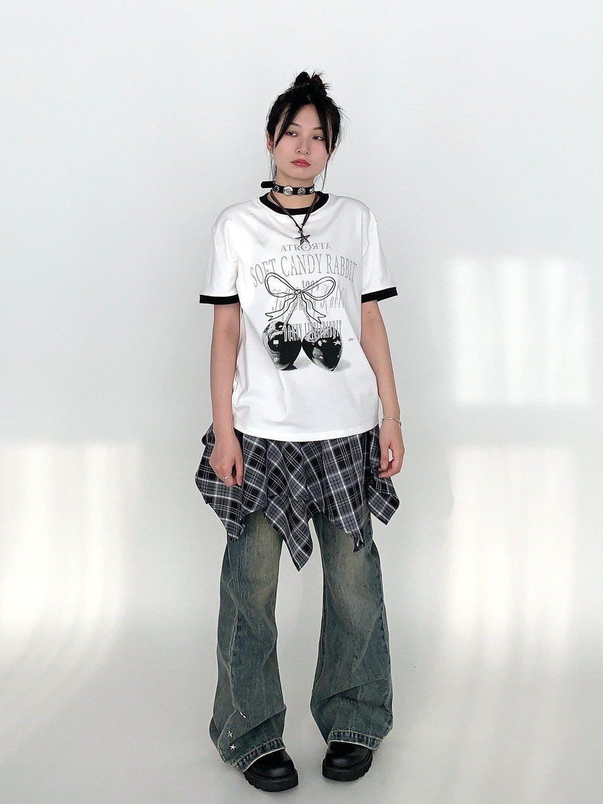 atrandom Cherry Print Contrast Edge Crewneck Bow Women&