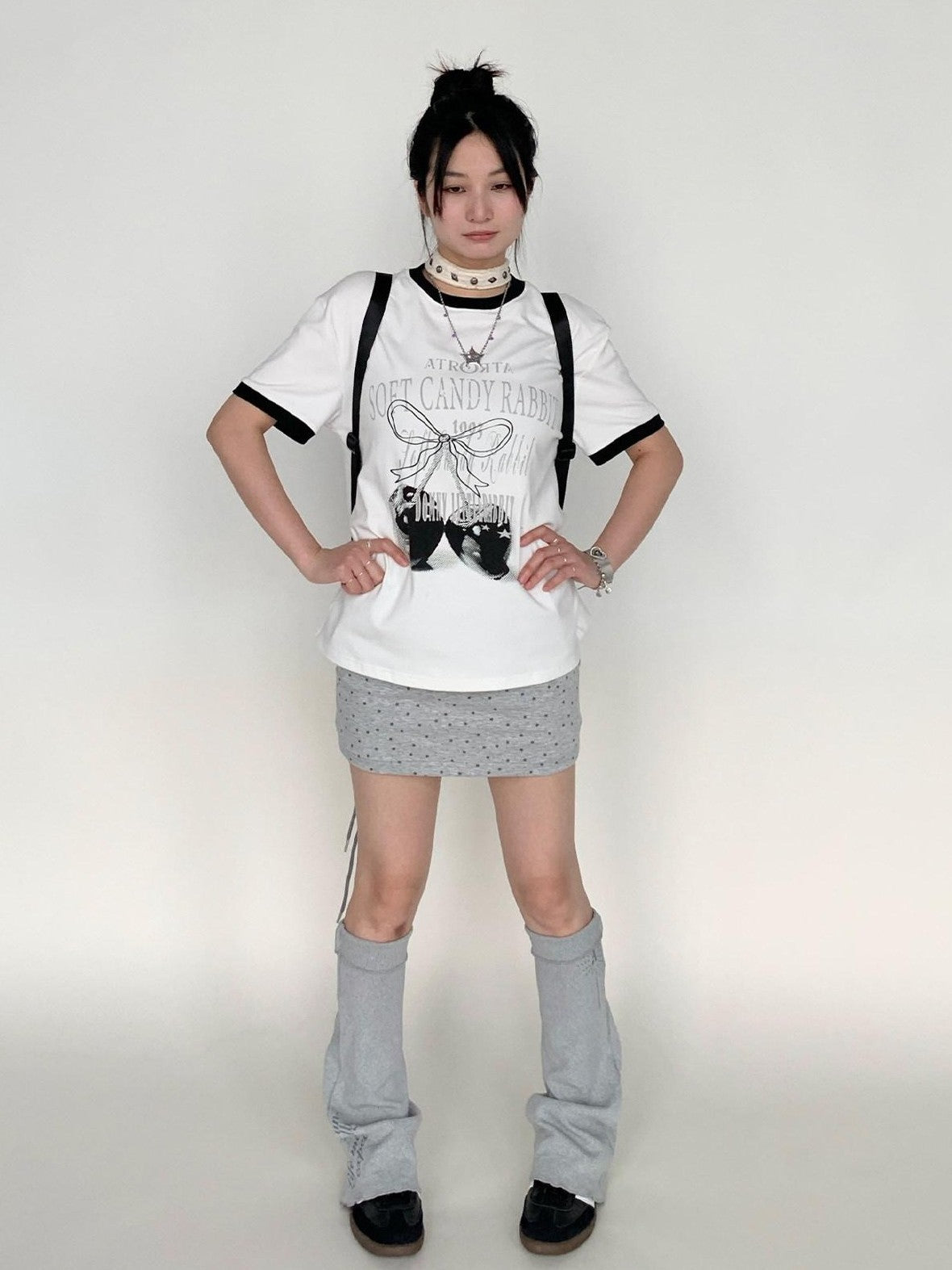 atrandom Cherry Print Contrast Edge Crewneck Bow Women&