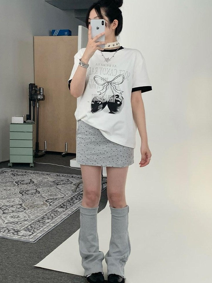 atrandom Cherry Print Contrast Edge Crewneck Bow Women&