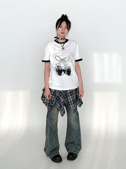 atrandom Cherry Print Contrast Edge Crewneck Bow Women&