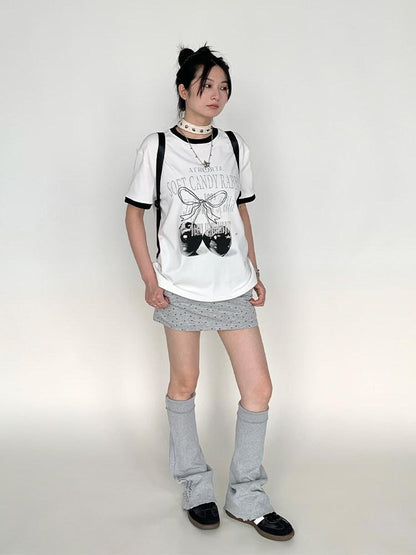 atrandom Cherry Print Contrast Edge Crewneck Bow Women&