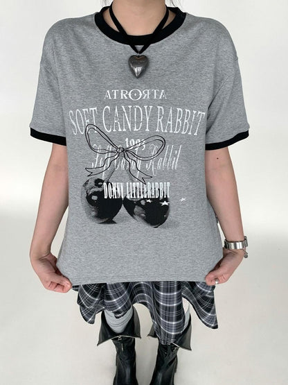 atrandom Cherry Print Contrast Edge Crewneck Bow Women&
