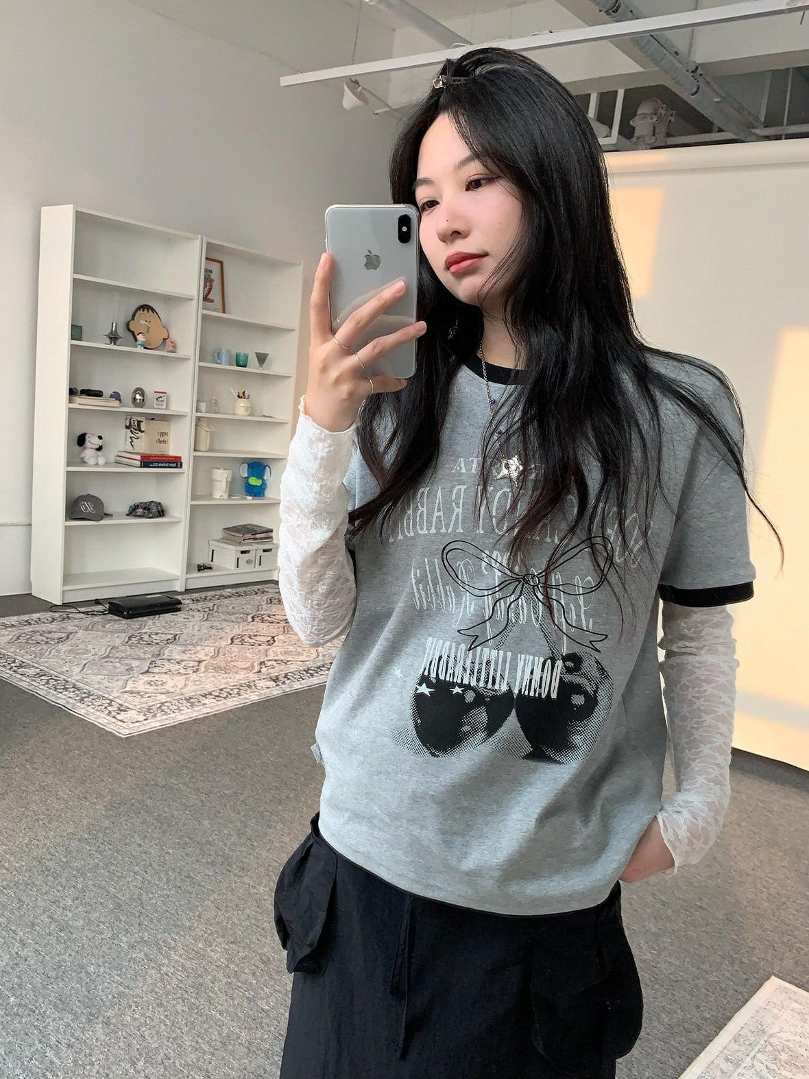 atrandom Cherry Print Contrast Edge Crewneck Bow Women&