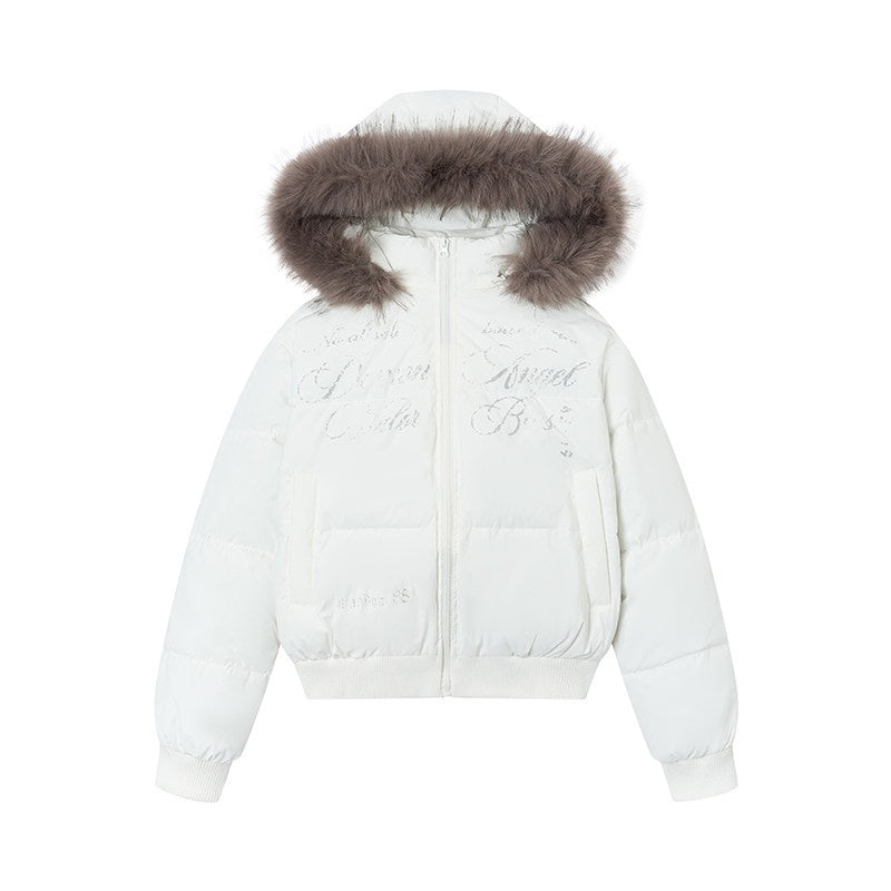 atrandom_Cropped_Fur_Collar_Detachable_Hood_Slim_Fit_Women&