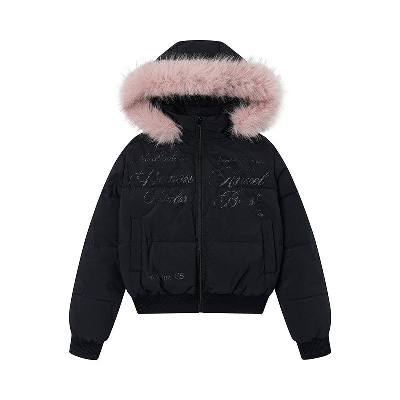 atrandom_Cropped_Fur_Collar_Detachable_Hood_Slim_Fit_Women&