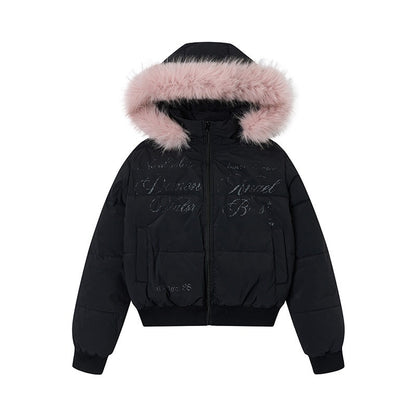 atrandom_Cropped_Fur_Collar_Detachable_Hood_Slim_Fit_Women&