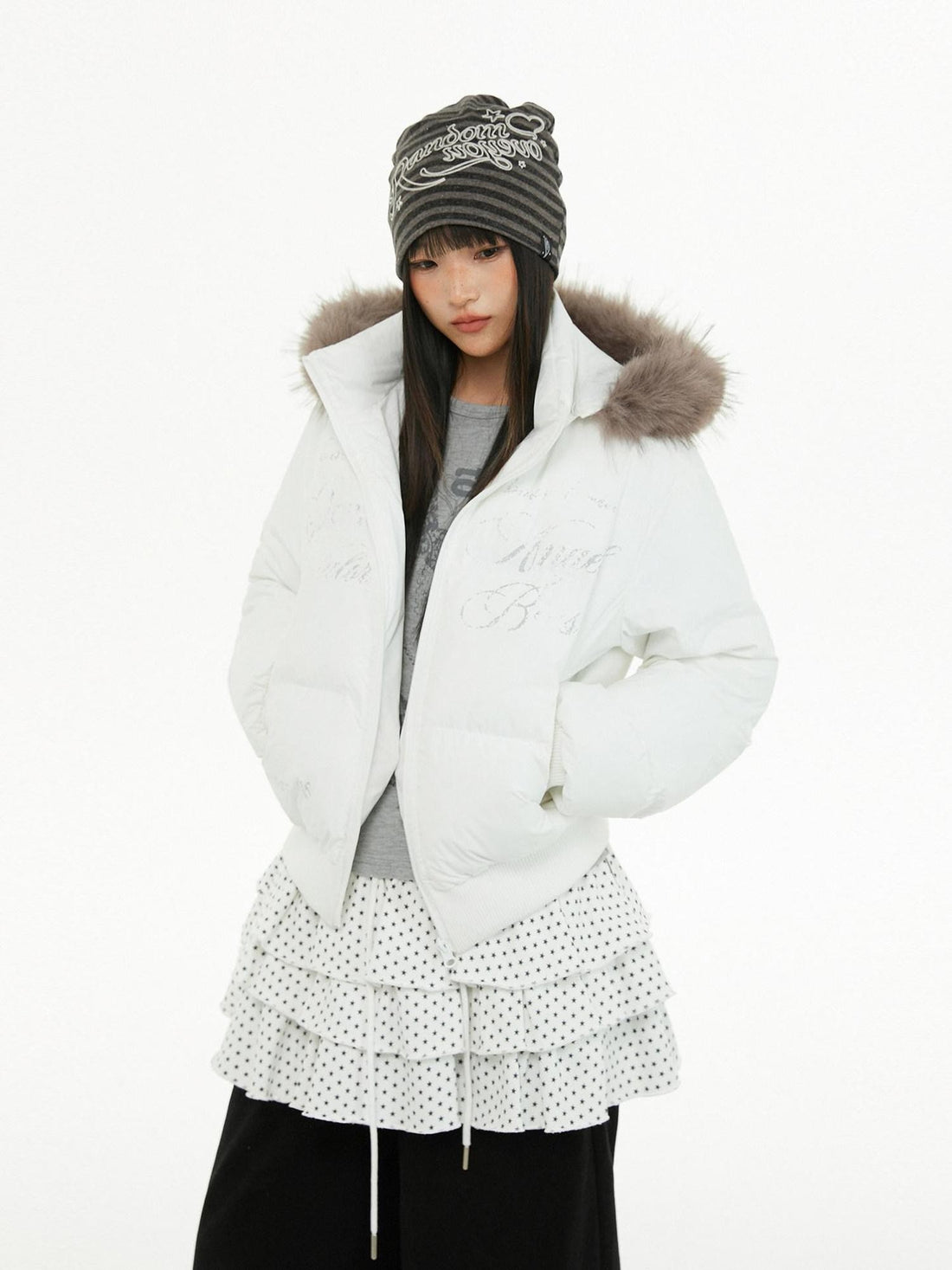 atrandom Cropped Fur Collar Detachable Hood Slim Fit Women&