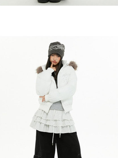 atrandom Cropped Fur Collar Detachable Hood Slim Fit Women&