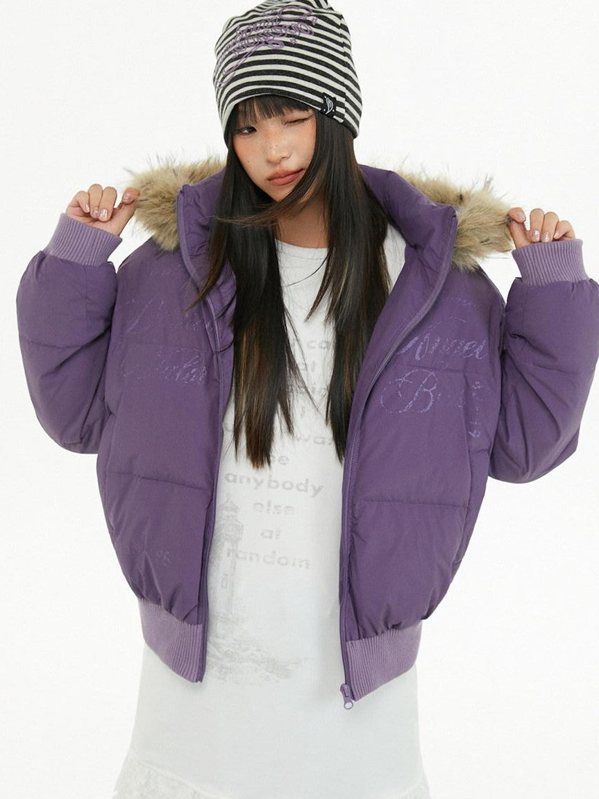 atrandom Cropped Fur Collar Detachable Hood Slim Fit Women&